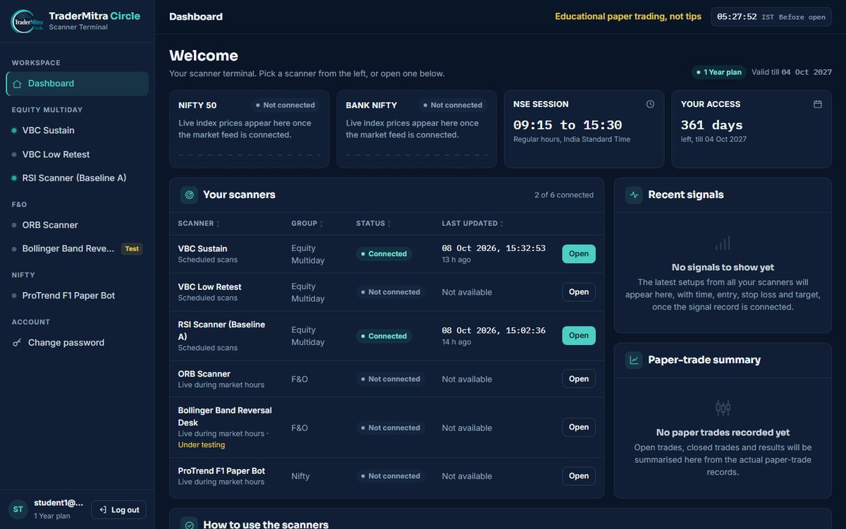 The student dashboard after login, showing the scanner list and status